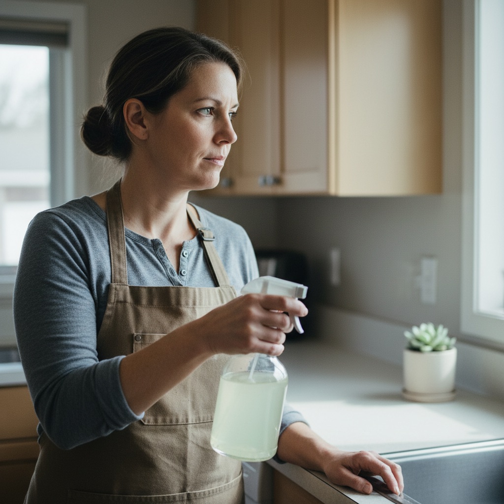 A West Cleaning crew member focused on her work in a bright Winnipeg kitchen, holding a clear glass spray bottle of eco-friendly cleaning solution.