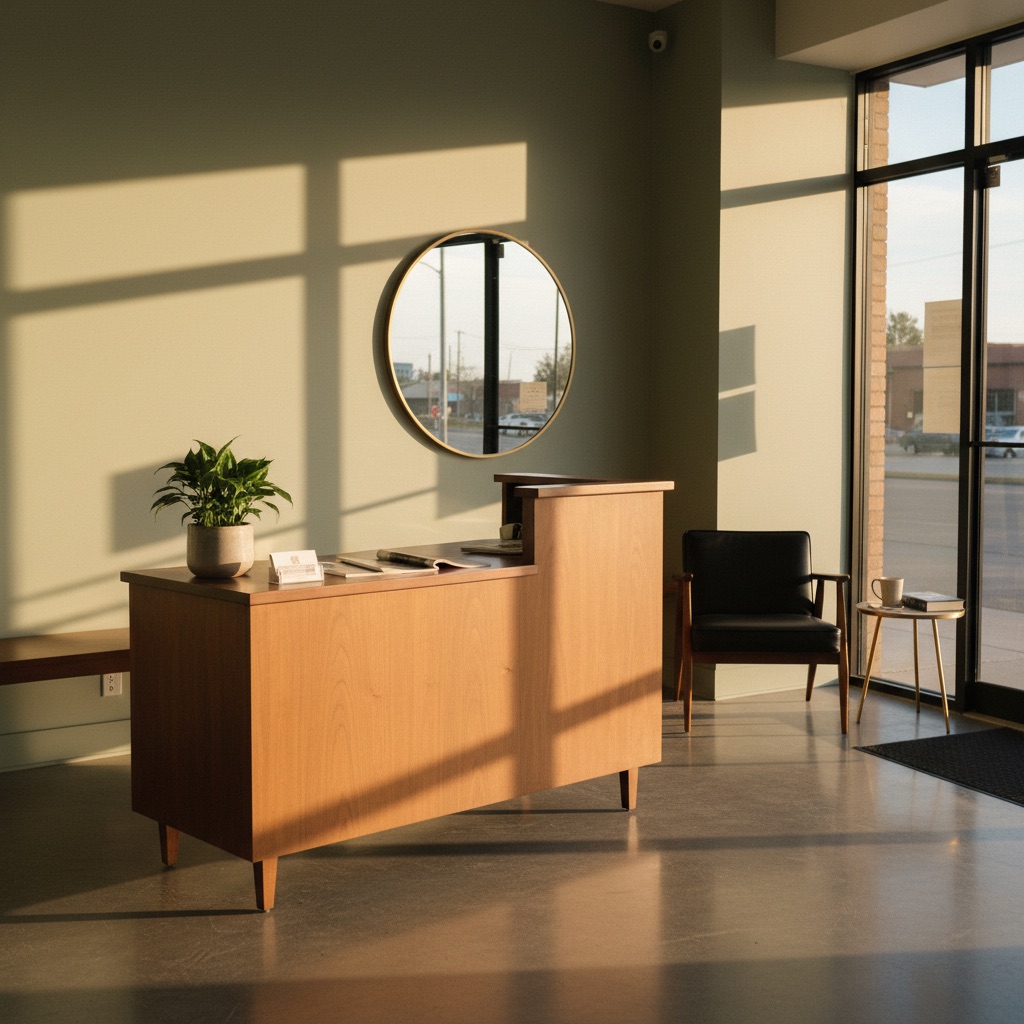 A small Winnipeg office reception at golden hour with a wooden desk, leather chair, and round mirror reflecting the street outside.